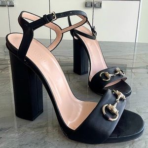 GUCCI - Black Leather with Gold Horse-bit Heeled Sandal